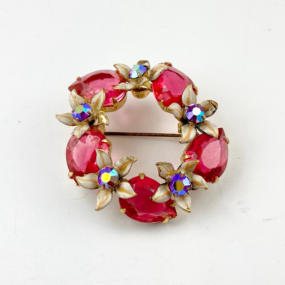 Vintage Austrian Coral Pink Rhinestone Gold Tone Enamel Flower Glass Brooch - Picture 4 of 6